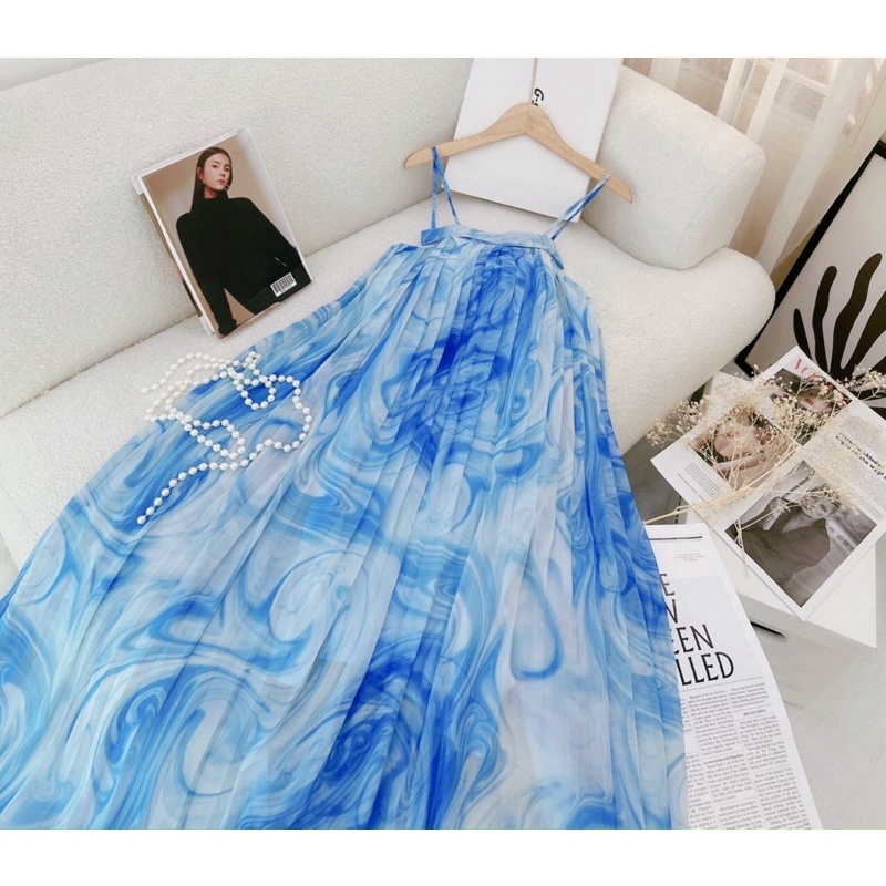 Đầm maxi suông dập ly loang màu hai màu xinh