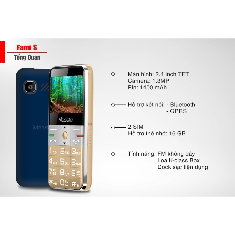 Combo: Điện thoại cho người già Masstel Fami S + Thẻ nhớ 8GB Toshiba Tặng kèm túi đựng điện thoại thổ cẩm