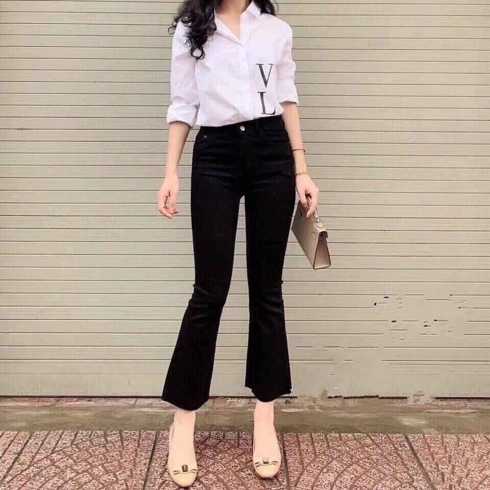 Quần kaki nữ ống loe lưng cao màu đen trơn ôm dáng, quần công sở, đi học bigsize