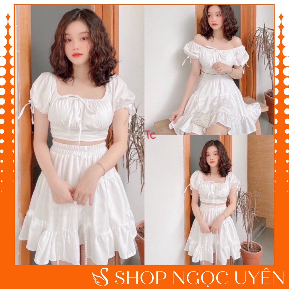 Sét Bộ Nữ Tiểu Thư Chân Váy Áo Croptop Viền Bèo Trễ Vai + Chân Váy Xòe Hai Lớp Siêu Xinh - Ngọc Uyên Store