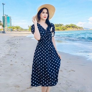 Đầm trung niên maxi đi biển họa tiết bi beo eo bo thun AMYRA - Váy mặc nhà lanh maxi dài nhún ngực thoáng mát va131
