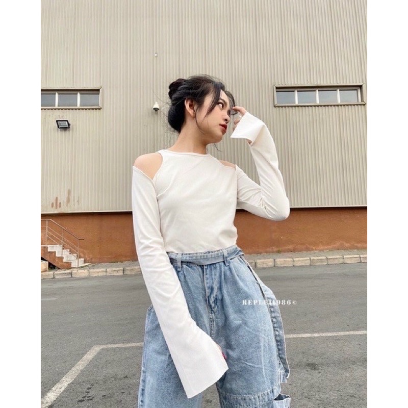 [HOT] ÁO CROPTOP TAY DÀI KHOÉT VAI THUN GÂN, Chizi Shop