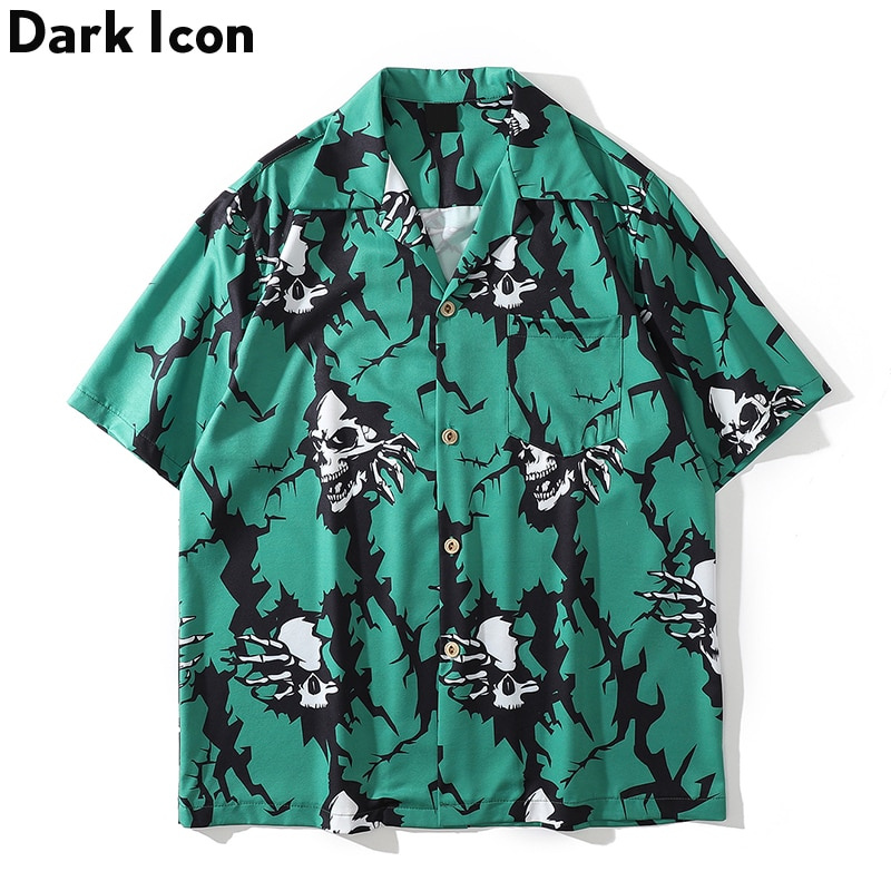 Dark Icon Skeleton Polo Shirt Men Green White Hawaiian Shirts Man Short Sleeved Men's Shirt