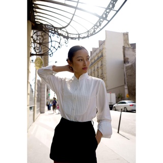 Kate White Shirt - Áo sơ mi xếp ly cổ trụ