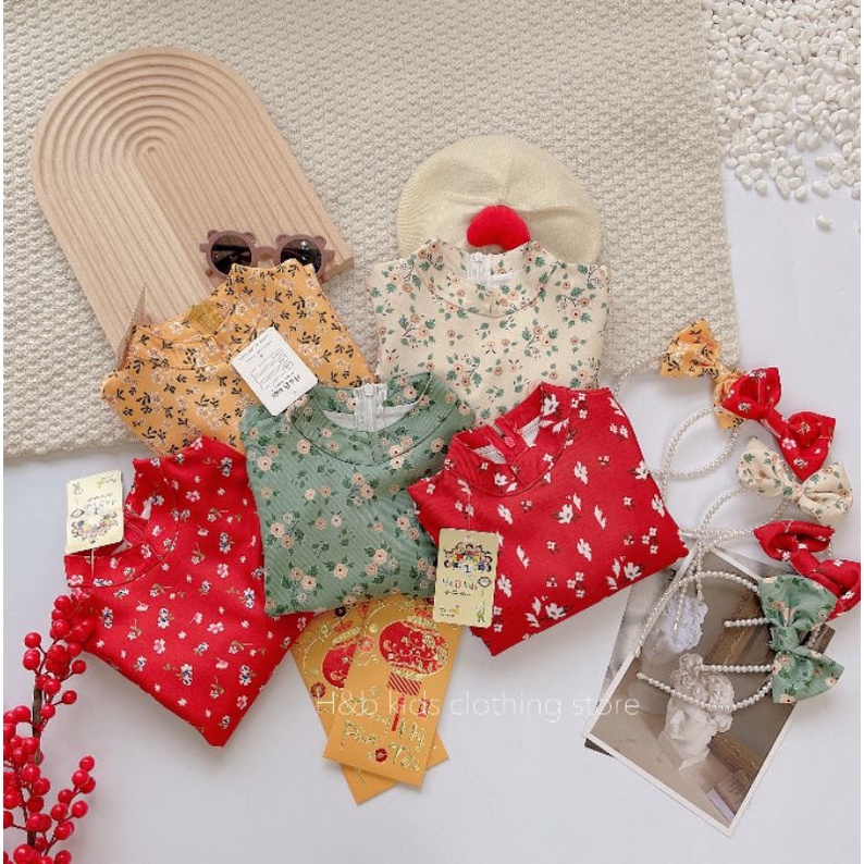 Set áo dài 3 chi tiết HB kids bé gái 2022 chất liệu nhung hoa