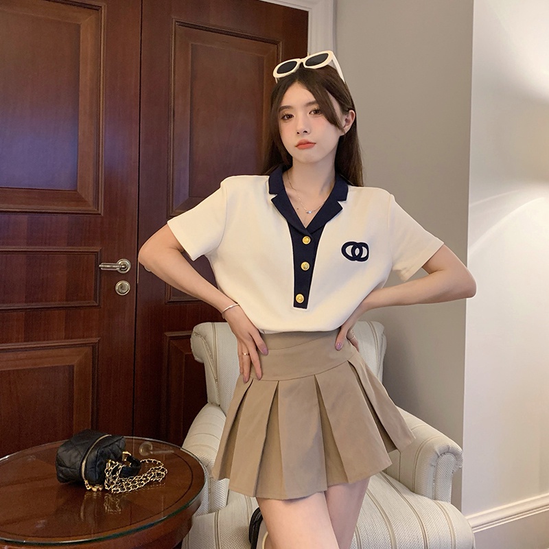 Áo Thun POLO Ngắn Tay Màu Sắc Tương Phản Phong Cách Hàn Quốc Dành Cho Nữ