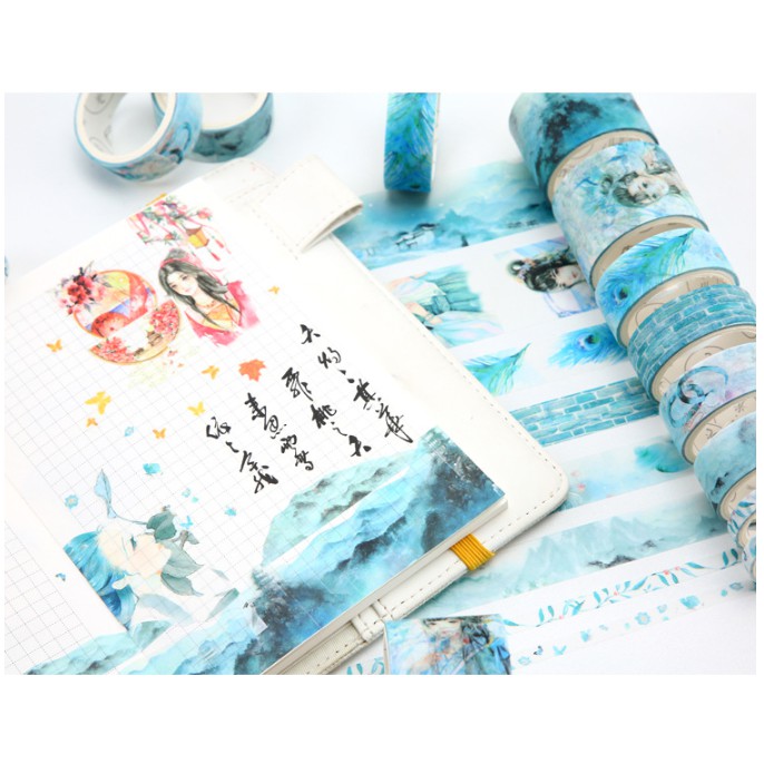 ♥ Combo 8 cuộn băng dính trang trí washitape theo chủ đề Cổ trang xanh hoặc hồng, chủ đề Đại dương, chủ đề Nhật ngữ ♥