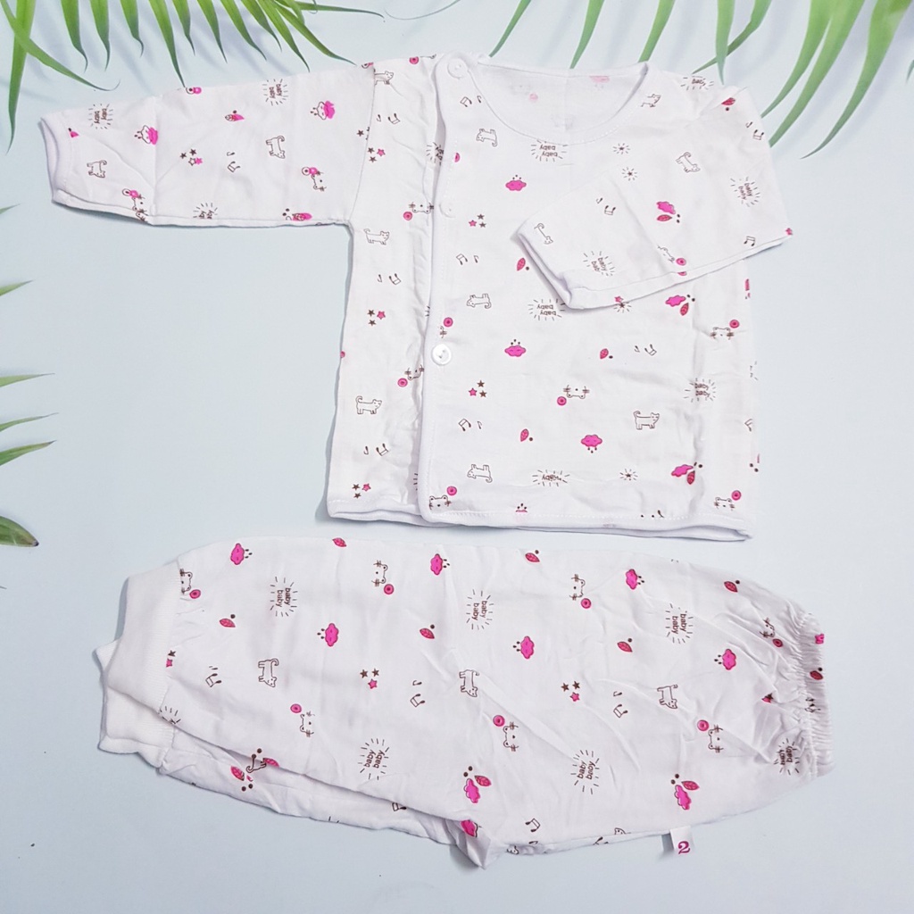 Bộ quần áo dài tay cotton cho trẻ sơ sinh, khuy lệch -Họa tiết đáng yêu