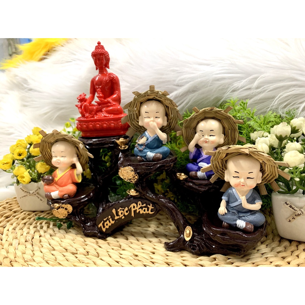 Full Set Phật Thích Ca cùng các chú tiểu Tứ Không tọa đế Tài Lộc Phát (Hình Thật)