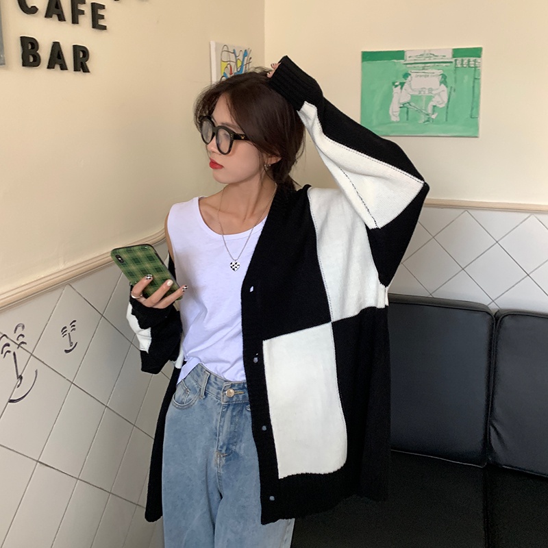 Áo khoác cardigan dệt kim tay dài dáng rộng màu sắc tương phản phong cách Hàn Quốc thời trang thu đông
