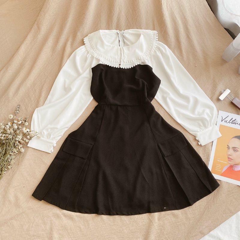 ĐẦM ĐEN PHỐI TAY CỔ PETER TẦNG TRẮNG