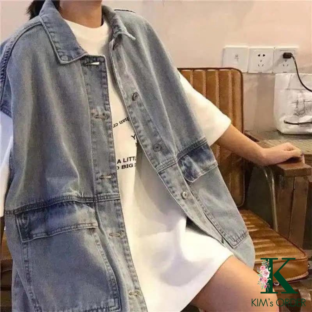 Áo khoác jean nam nữ form rộng Oversize sát nách phong cách Ulzzang hai màu xanh đen