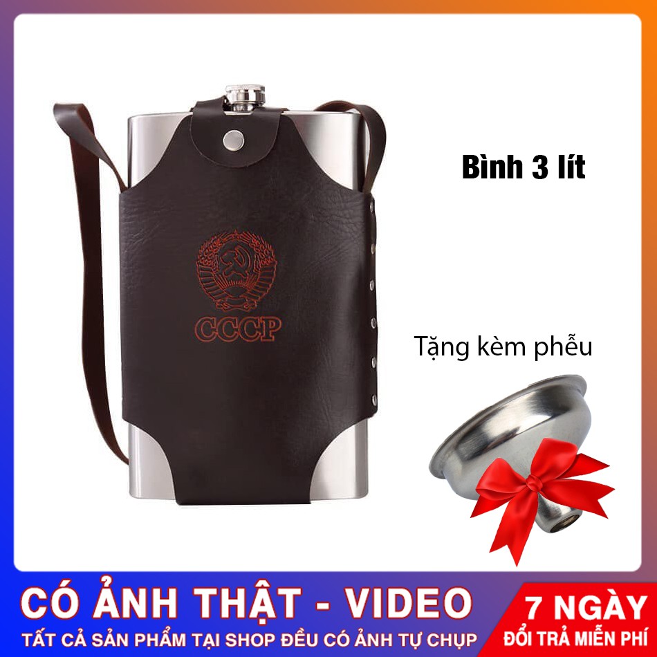 Bình đựng rượu ⭐️ BỀN ĐẸP ⭐️Bình đựng nước inox 3 lít tiện lợi bền đẹp không rỉ có dây đeo và ốp da - Tặng kèm phễu