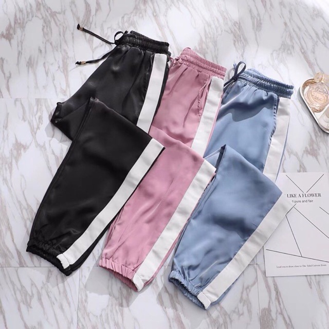 Quần jogger phi lụa ống sọc bo hottrend [Hình thật trải san]