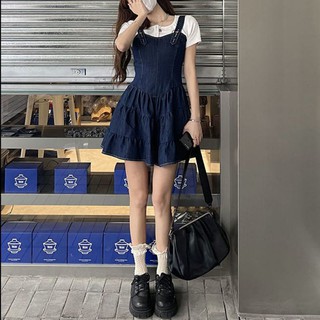 (ORDER) Váy yếm hai dây denim xanh đậm tầng bèo peplum xinh xắn trendy hot Tiktok Douyin Trung
