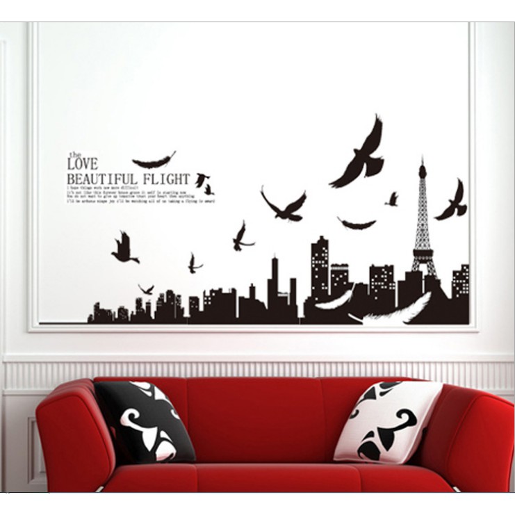 Decal trang trí tường Thành Phố và đàn Chim đen