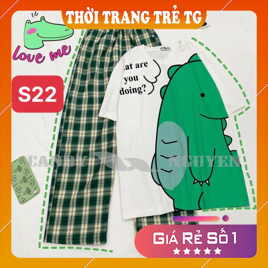 Đồ bộ nữ 𝑭𝒓𝒆𝒆𝒔𝒉𝒊𝒑 Set Đồ Bộ Quần Sọc Caro Ống Rộng S22 Hình Khủng Long Cute Freesize Form Rộng Cực Thoáng Má