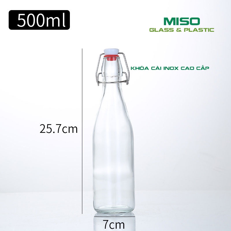 Chai thủy tinh Nắp Cài (Gài) khóa INOX dáng Tròn - Vuông 250ml 500ml 1000ml