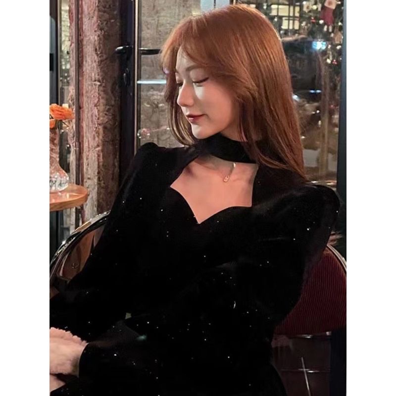 Váy nhung đính kim tuyến thanh lịch dự tiệc hoặc đi chơi tết hoặc noel