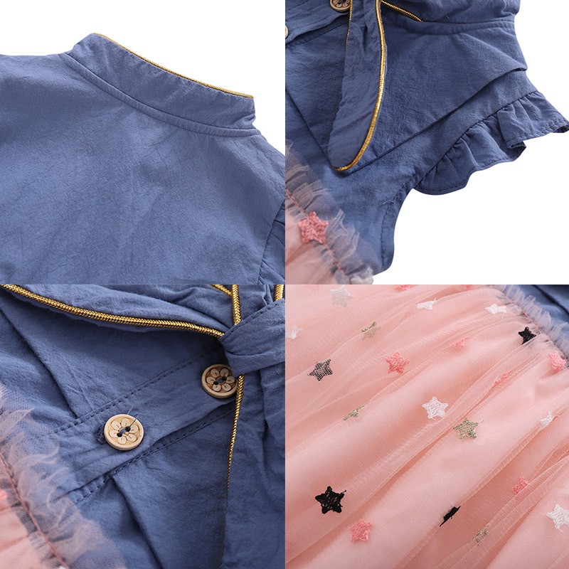 Đầm Denim Sát Nách Phối Lưới Cho Bé Gái