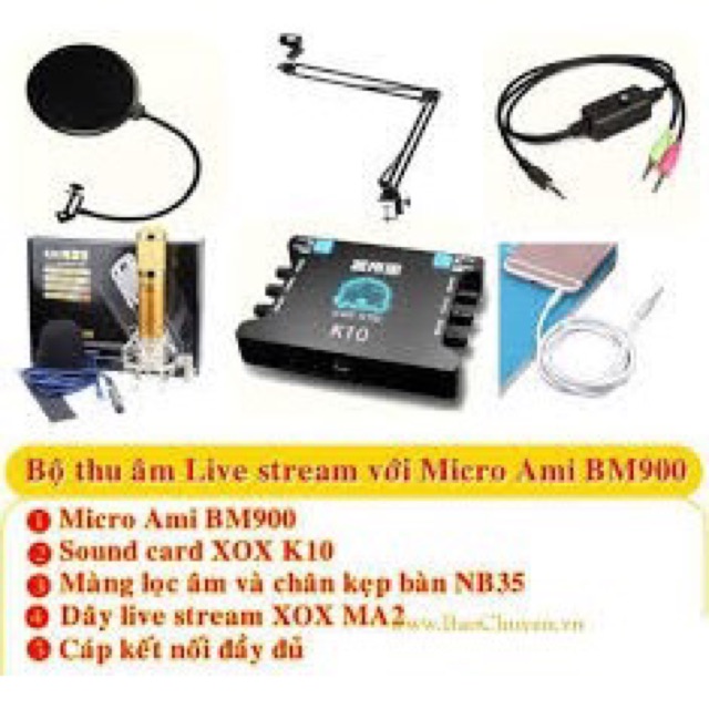 COMBO bộ livetream karaoke AMI BM 900, k10, dây, châm đế, màng lọc tai nghe j5