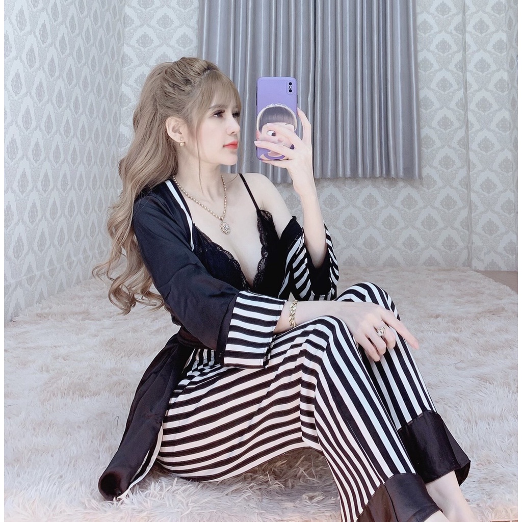 Set choàng sexy gợi cảm, siêu xinh gợi cảm, chất lạu satin mango giá xưởng- Set03sọc