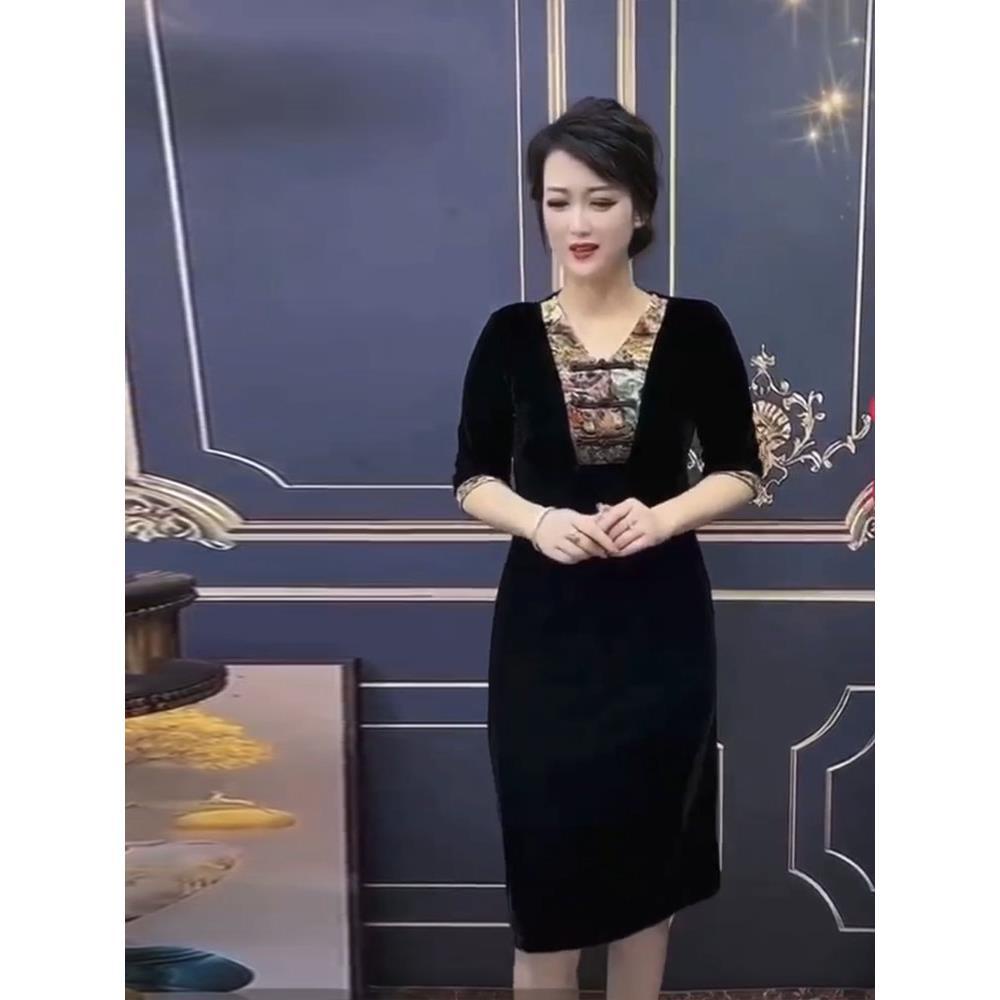 Đầm Nhung Tay Dài Thời Trang Mùa Thu 50 Tuổi Phong Cách Retro