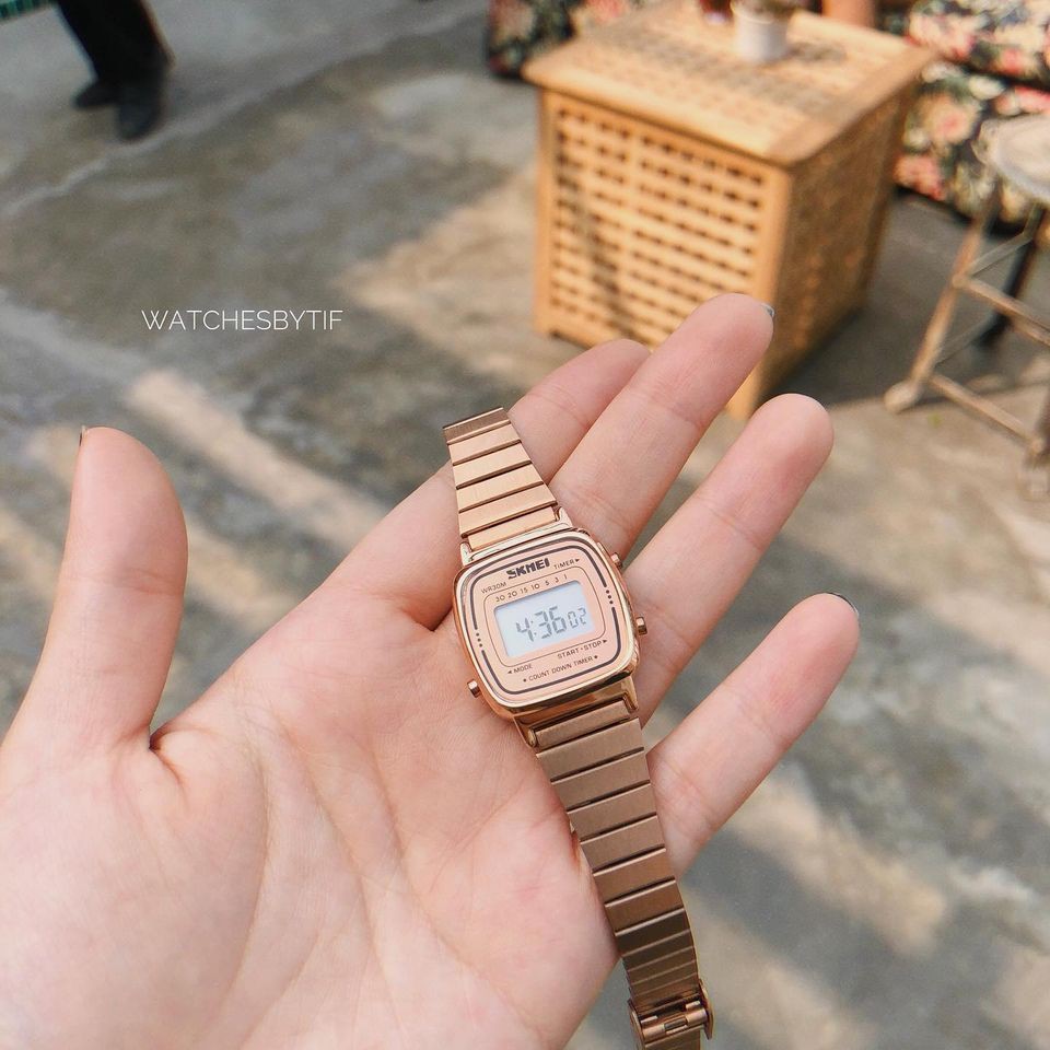 Đồng hồ điện tử dây kim loại SKMEI DUPE rose gold đồng hồ nữ mặt nhỏ thời trang size 22mm Watchesbytif báo thức bấm giờ | BigBuy360 - bigbuy360.vn