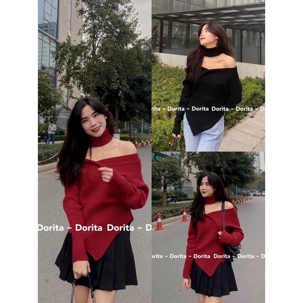 (Ảnh thật) Áo len đũa vạt chéo kèm cổ lọ rời - Dorita Boutique