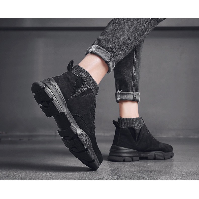 Giày bốt cao cổ nam - giày thể thao da lộn cổ bo đen mới về | BigBuy360 - bigbuy360.vn