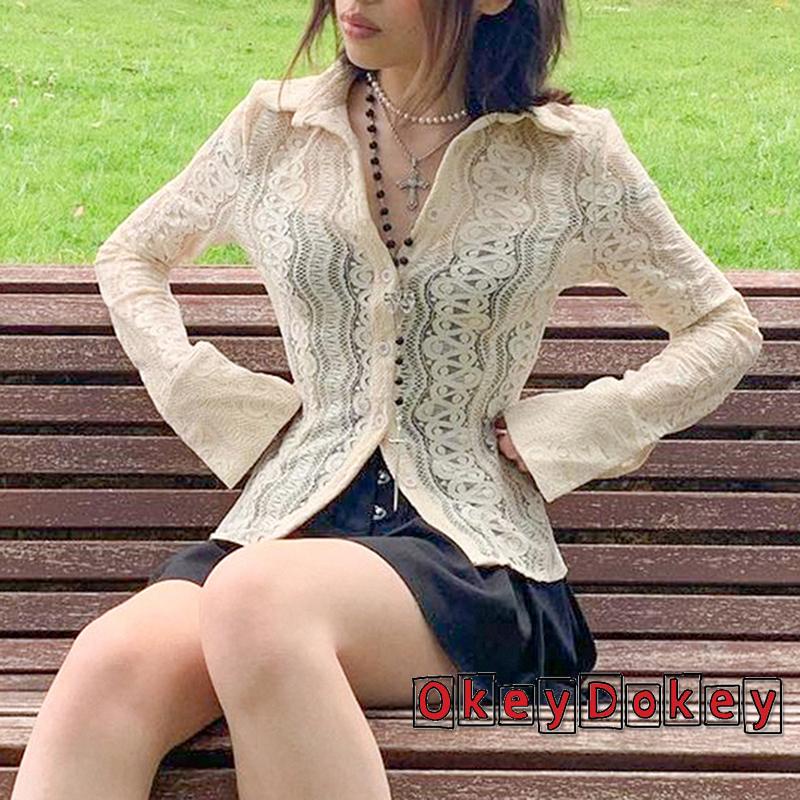 Áo sơ mi tay dài ống loe phối ren dáng ôm thời trang cho nữ