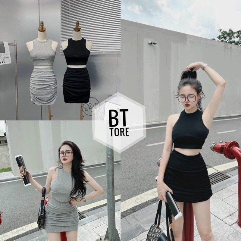 [HÀNG CHUẨN] Set bộ áo ba lỗ chân váy nhún hông sẵn mút ngực siêu xinh