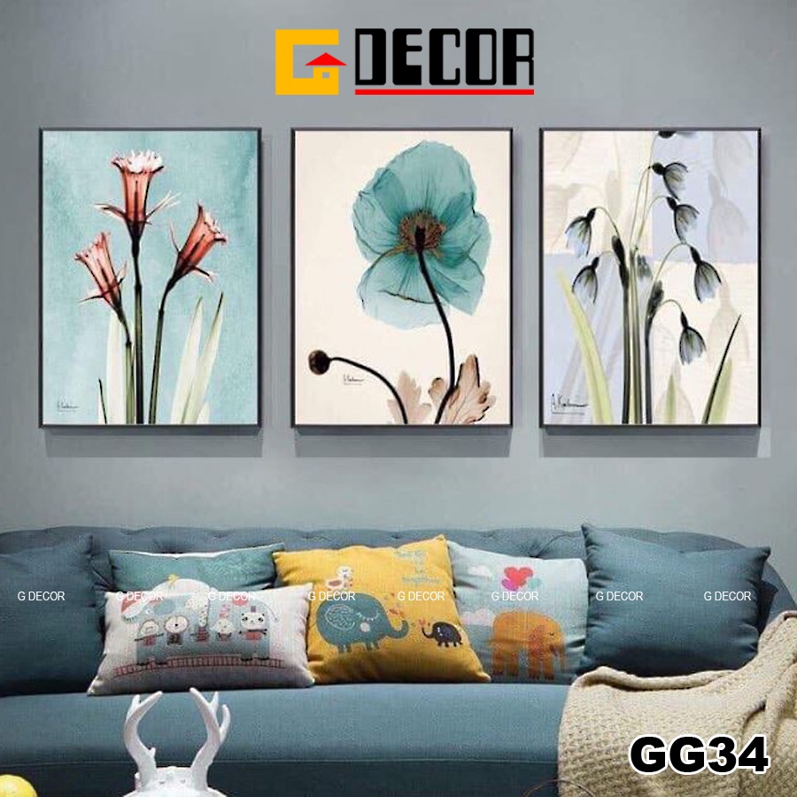 Tranh treo tường canvas 3 bức phong cách hiện đại Bắc Âu 34, tranh hoa trang trí phòng khách, phòng ngủ, phòng ăn, spa