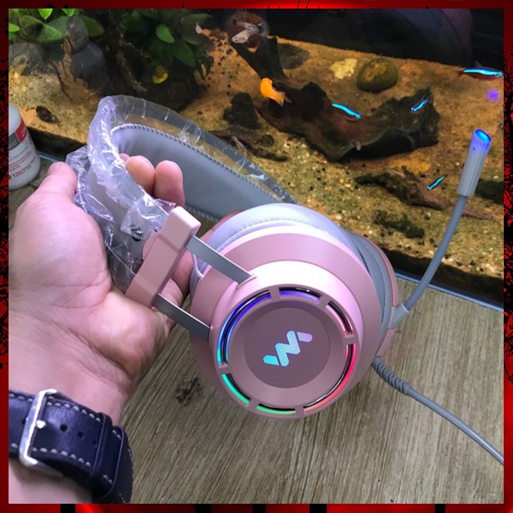 Tai Nghe Máy Tính Chụp Tai Có Mic Wangming 9800s Màu Hồng Led Rgb Tai Nghe Headphone Vi Tính Laptop Pc Có Dây