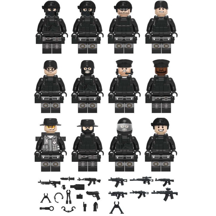 Bộ Xếp Hình, Lắp Ráp Mô Hình 12 Nhân Vật Military Police và 1 Ô Tô SWAT
