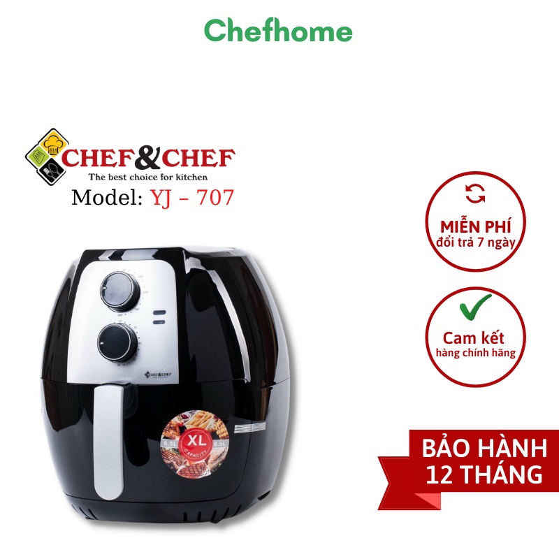 Nồi chiên không dầu CHEF&amp;CHEF 6,5l (YJ – 702) thiết kể mang kiểu dáng hiện đại, sang trọng với màu đen bắt mắt