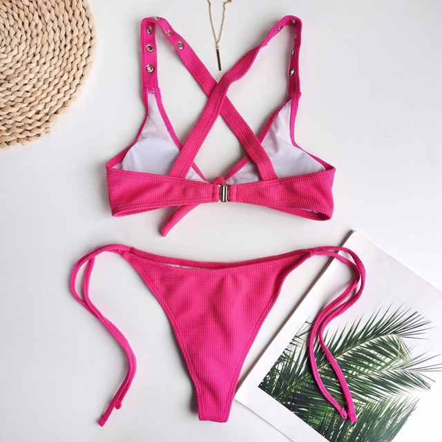 [BKN736] &lt;ÂU&gt; SET BIKINI HỒNG NƠ NGỰC VẢI VÂN