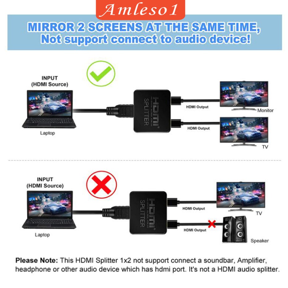 Bộ Chia Tín Hiệu Amleso1) 1x2 Hdmi 1 Ra 2 Out 4k 3d 1080p Cho Màn Hình Dual Monitor