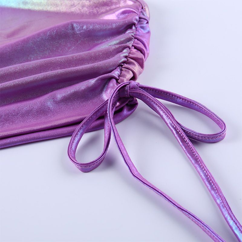 Áo Croptop Hai Dây Mùa Hè Xếp Nếp Hở Lưng Phối Dây Xích Kim Loại Lấp Lánh Gợi Cảm Cho Nữ