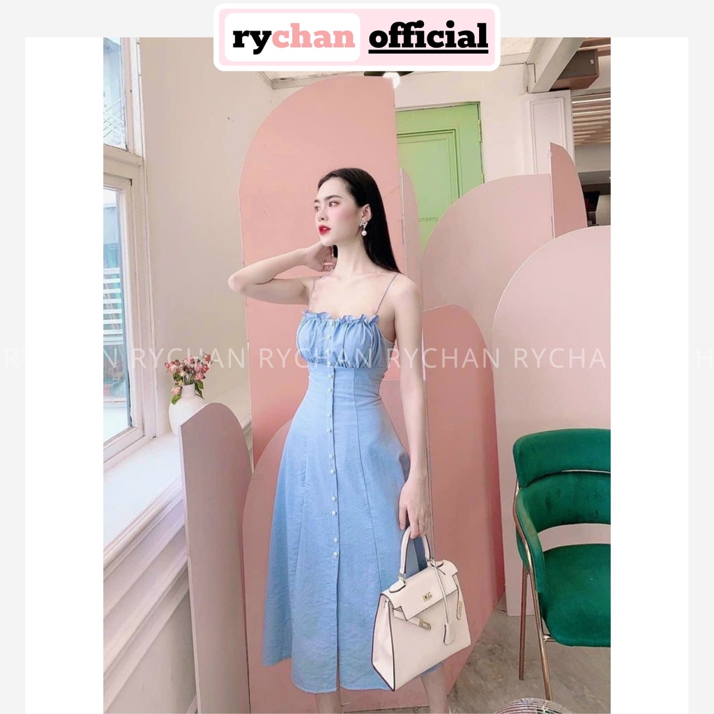 Đầm ĐI Chơi Biển Xòe Midi 2 Dây Nhún Ngực Đính Nút Ngọc - DX9690