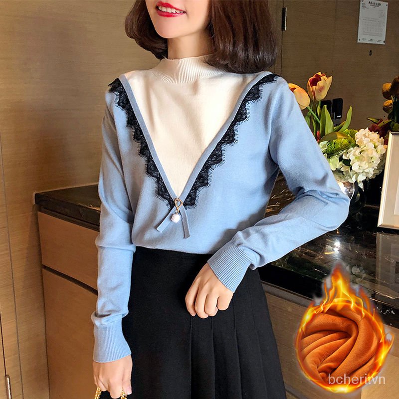 áo len cao cổ nữ thu đông đan sợi cổ giả hai lớp sơ mi điệu đà dễ phối đồ | BigBuy360 - bigbuy360.vn