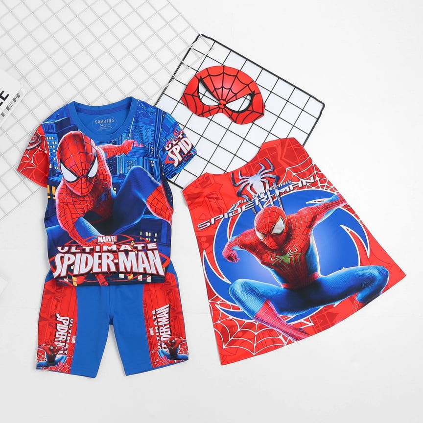 Quần áo siêu nhân Người Nhện Spider-Man dài tay in nhũ đỏ đen vàng- tặng mặt nạ