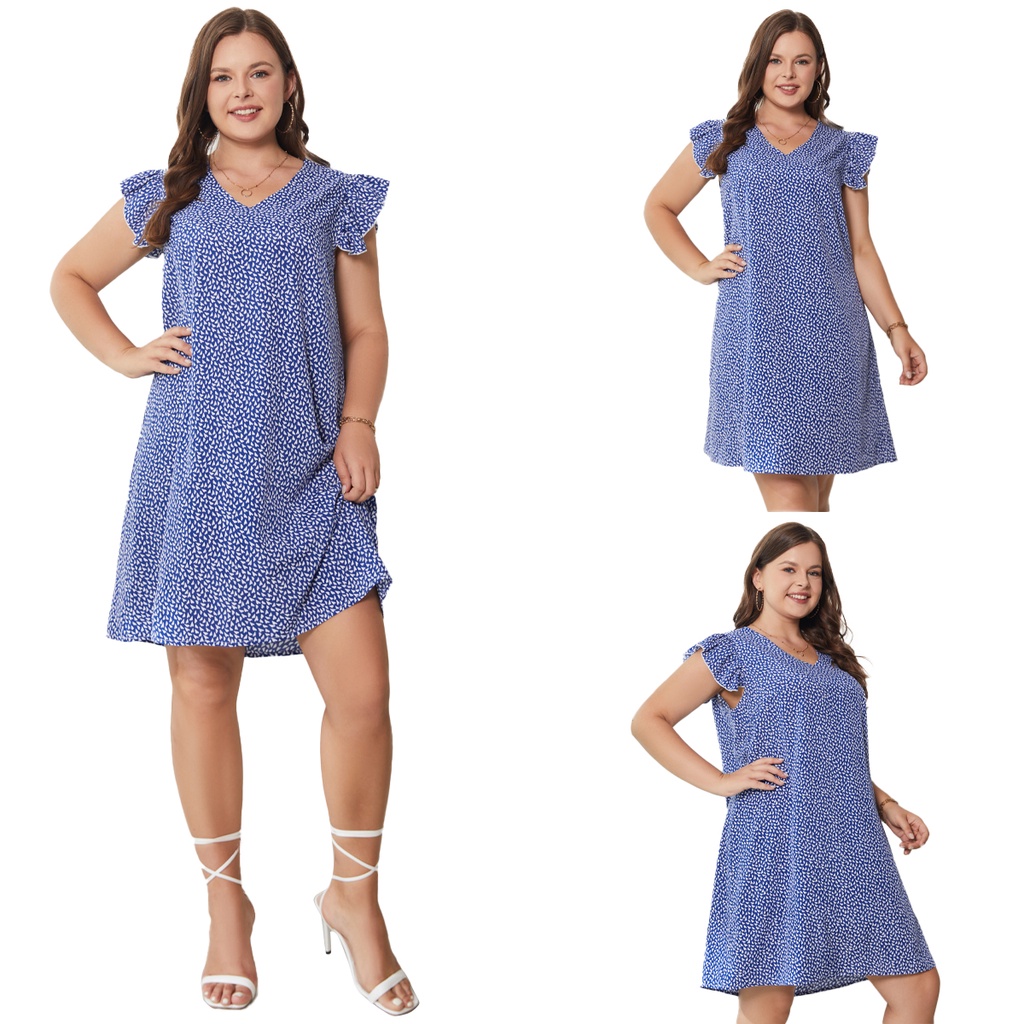 Đầm Lovito dễ chịu thân thiện với da thướt tha cổ V lai bèo xếp nếp chấm bi boho tôn dáng size lớn LPS01056 (Xanh lam)