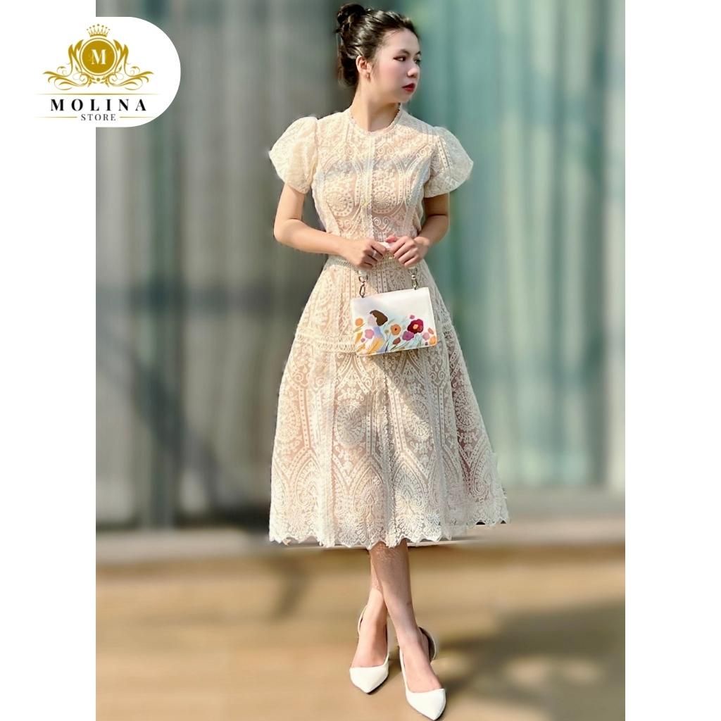 Đầm Ren Thiết Kế Dáng Xòe Nữ Molina Cổ Tròn Tay Bồng, Chất Liệu Hai Lớp Mềm Mịn