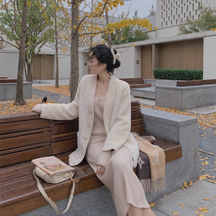 Đầm midi dệt kim SUXI tay dài cổ chữ V dáng ôm màu trơn thời trang mùa thu cho nữ