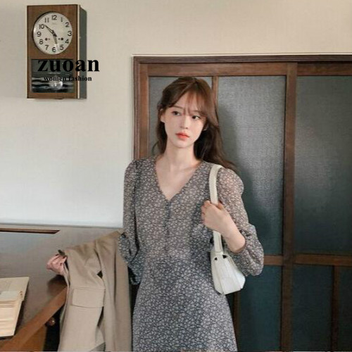 SUXI Floral V-neck Waist Slim Women's Long Sleeve Midi Dress