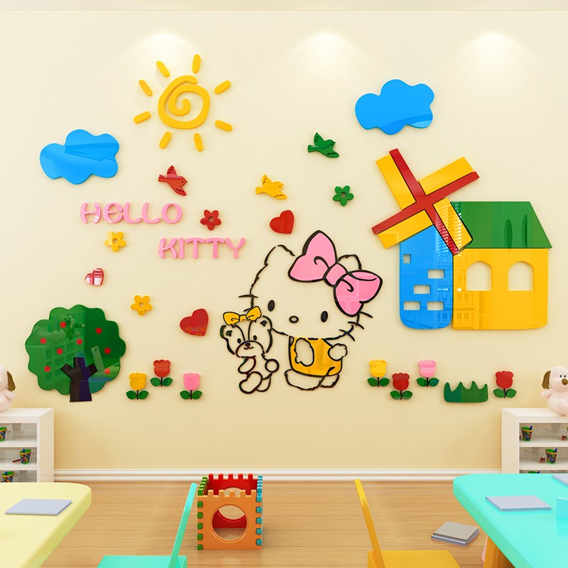 Tranh dán tường mica 3d decor khổ lớn khu vườn của hello kitty trang trí mầm non, phòng cho bé Nhiều Size - EPeBen