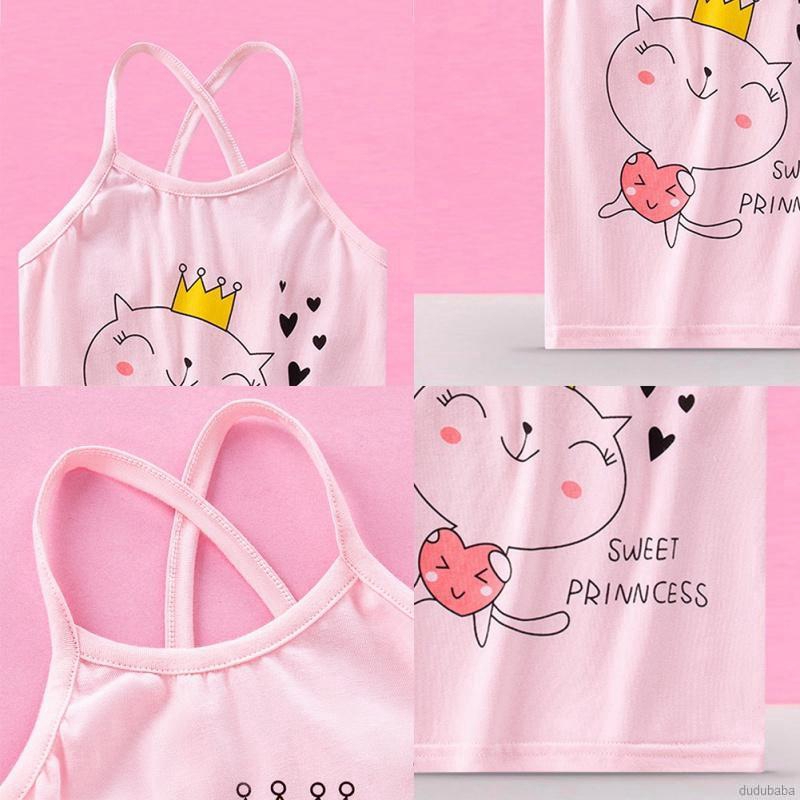 Áo yếm hai dây không tay vải cotton in hình vẽ hoạt họa thời trang mùa hè dành cho bé gái
