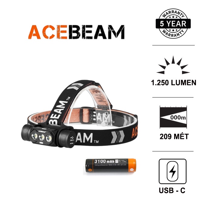 Đèn pin đội đầu ACEBEAM H50 3 LED tùy chọn sáng 2000 lumen xa 137 m sử dụng 1 pin 18650 Đèn &amp; Đèn pin