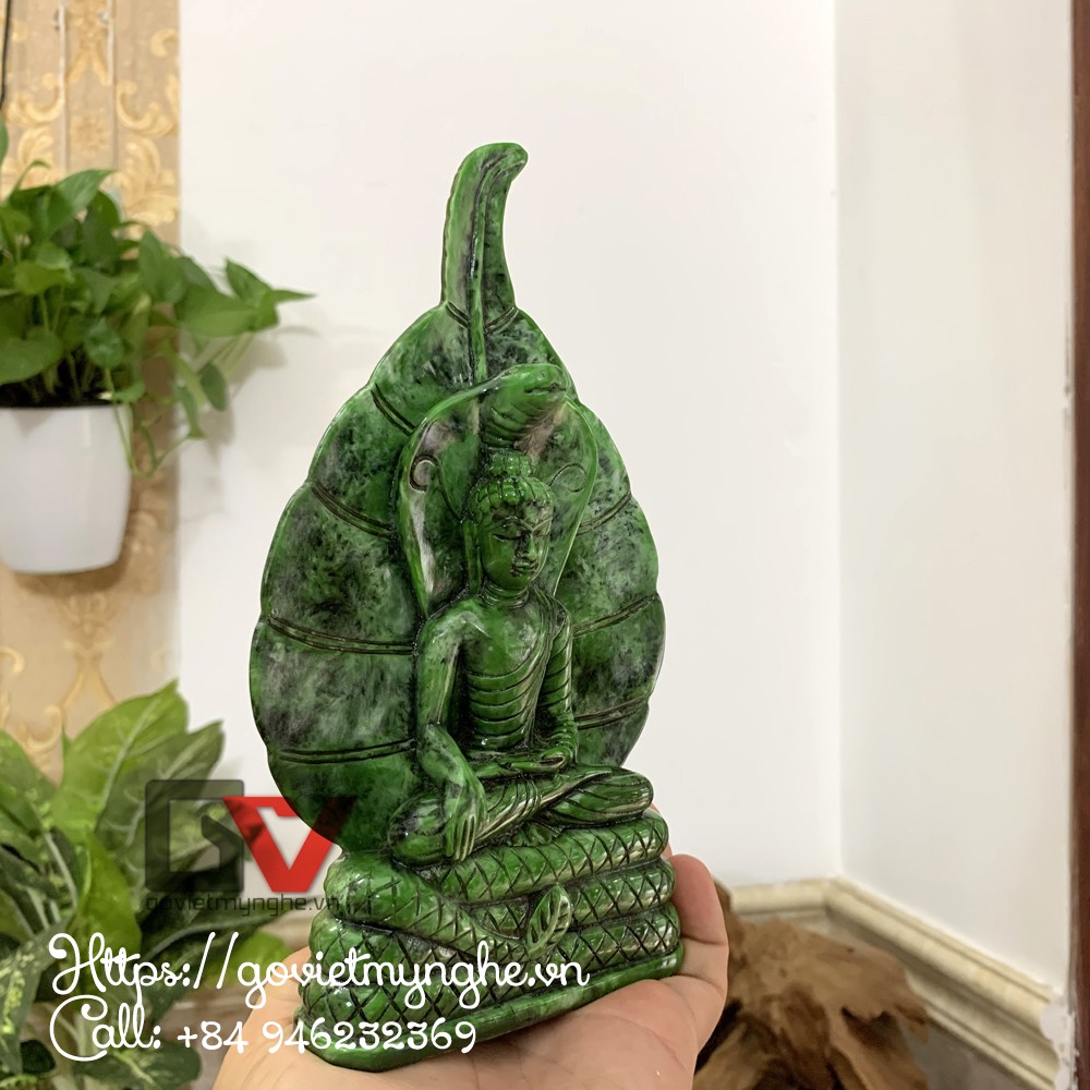 Tượng đá Đức Phật Thích Ca ngồi trong tòa rắn Naga - Màu xanh lục bích - Cao 20cm
